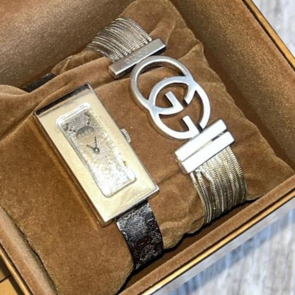 Gucci multi-minicable bangle bracelet and matching bangle wristwatch set; silver